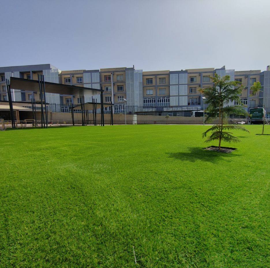 Amplia zona verde comunitaria de césped artificial en Canarias
